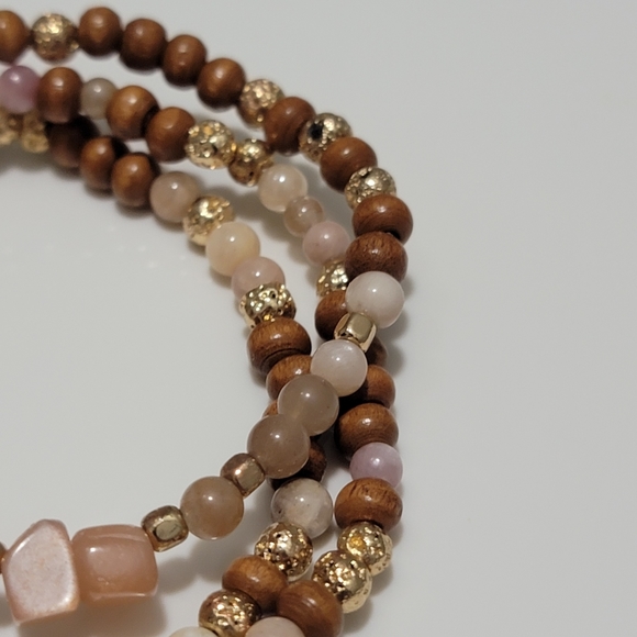 Set of 3 Semiprecious Sunstone & Hematite Bead Bracelets w/ 14k Gold Heart Charm - Picture 4 of 7
